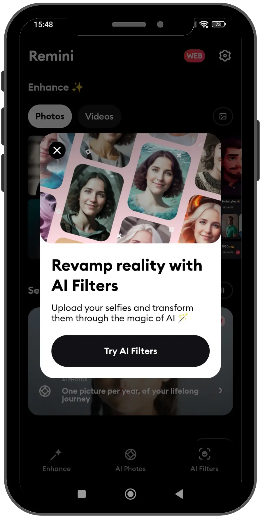 Picture showing pro feature AI filters of Remini Mod APK
